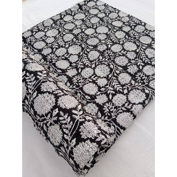 White Floral Kantha Quilt Handblock Print Black& white floral Kantha Indian Netural Colour Indian inspired Bedding Hand Stitched Rural throw