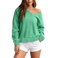 thumbnail image 2 of Mutghys Off the Shoulder Sweatshirt for Women V Neck Solid Color Long Sleeve Pullover Sweater Home Daily Shopping Loose Comfy Fall Sweatshirts S-2XL, 2 of 8