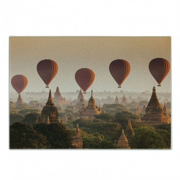 East Cutting Board, Hot Air Balloon over Plain of Bagan Misty Morning Myanmar Famous Heritage, Decorative Tempered Glass Cutting and Serving Board, Small Size, Peach Orange Cinnamon, by Ambesonne