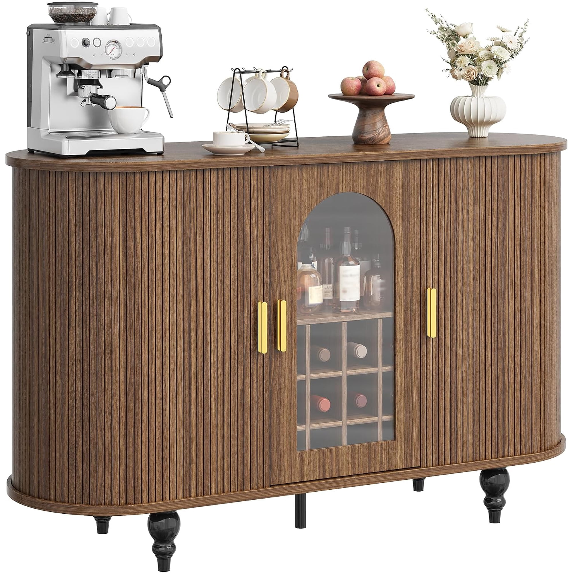 Bar Cabinet with Storage Liquor Bar Cabinet with Sliding Door | Mid Century Modern Buffet Cabinet with Detachable Wine Rack & Glass Holder for Living Room Kitchen Entryway Walnut