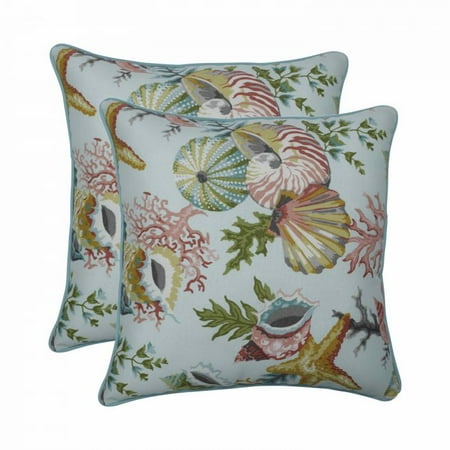 Coastal Living Furnishings Set of 2 Cloudy White and Green Coastal-Inspired Indoor/Outdoor Square Throw Pillows 18.5