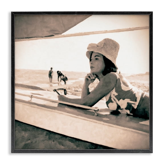 Stupell Industries Coastal Vintage Woman Sunbathing Black Framed Giclee Art, 12 x 12, by Graffitee Studios