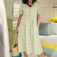 thumbnail image 2 of SnnmBlm Women's Casual V Neck Button Down Cotton Linen Dress Short Sleeve Midi Length Loose Summer Dresses Beige L, 2 of 6