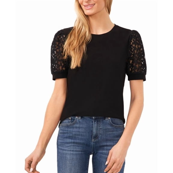CeCe Women's Crochet Puff Sleeve Mix Media Knit Top , Medium