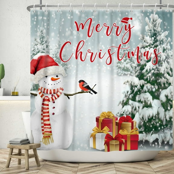 SUNOLIFE Christmas Snowman Shower Curtain Winter Snow Xmas Tree Waterproof Fabric Bathroom Curtain 72x72 in