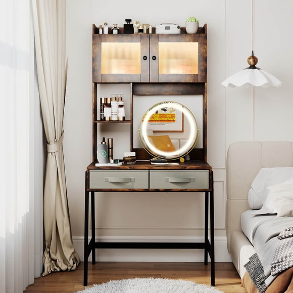 Costway Vanity Desk with Mirror and Lights, Makeup Dressing Table with 3 Lighting Modes Rustic Brown