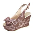 thumbnail image 1 of Bmisegm Ladies Retro Printed Fabric Bow Fish Mouth Large Size Slope Heel Buckle Sandals Sandals Women Summer Purple 8, 1 of 9