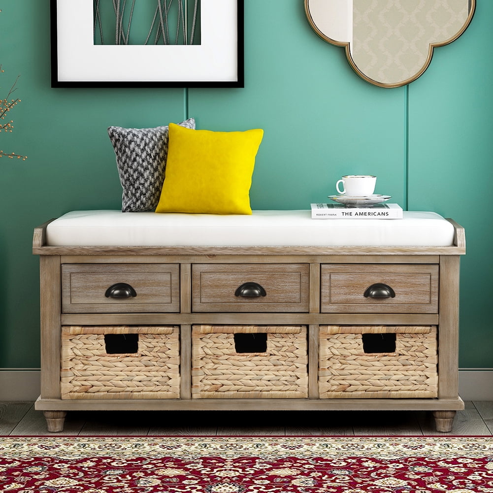 Lowestbest Shoe Bench with Removable Cushion, Rustic Storage Bench with 3 Drawers and 3 Rattan Baskets (Brown) Lowestbest Shoe Bench with Removable Cushion, Rustic Storage Bench with 3 Drawers and 3 Rattan Baskets (Brown)