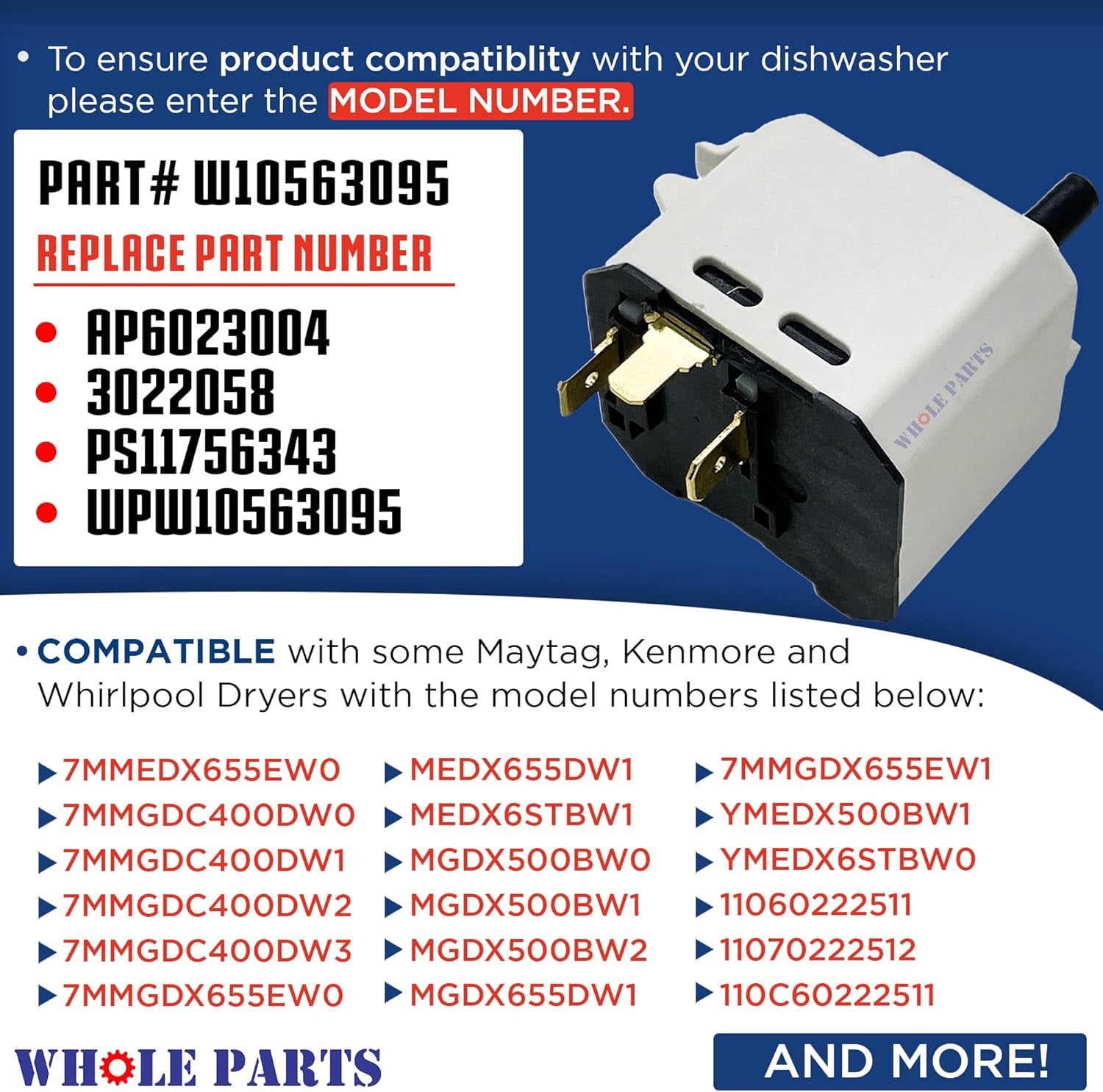 Whole Parts Dryer Push-to-Start Switch Part# W10563095 - Replacement & Compatible with Some Maytag, Kenmore and Whirlpool Dryers