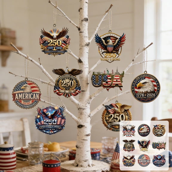 Beautynvta 9 Pcs 250th Anniversary Ornaments, 1776-2026 American Eagle Hanging Ornaments, 2D Wooden Hanging Pendants, 4th of July Tree Hanging Ornaments