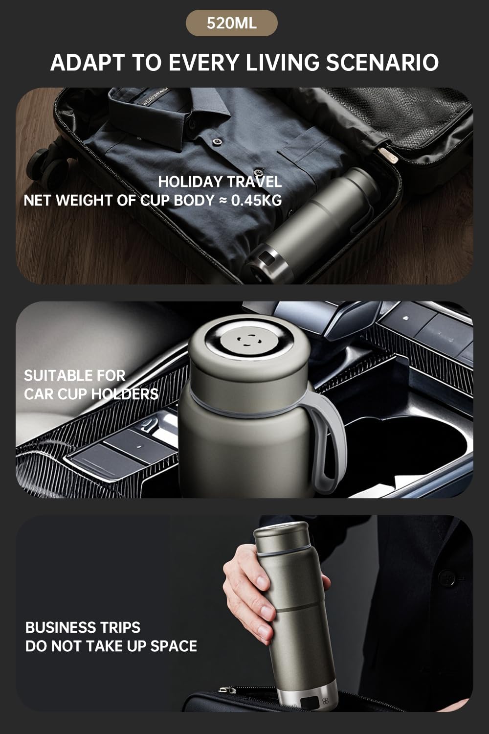 520ml Pure Titanium Portable Electric Kettle – Travel Kettle Dual Voltage 100V-240V with Temperature Control, Lightweight, Leak-Proof, Fast Boil Mini Kettle for Travel, Office, Hotel, Camping