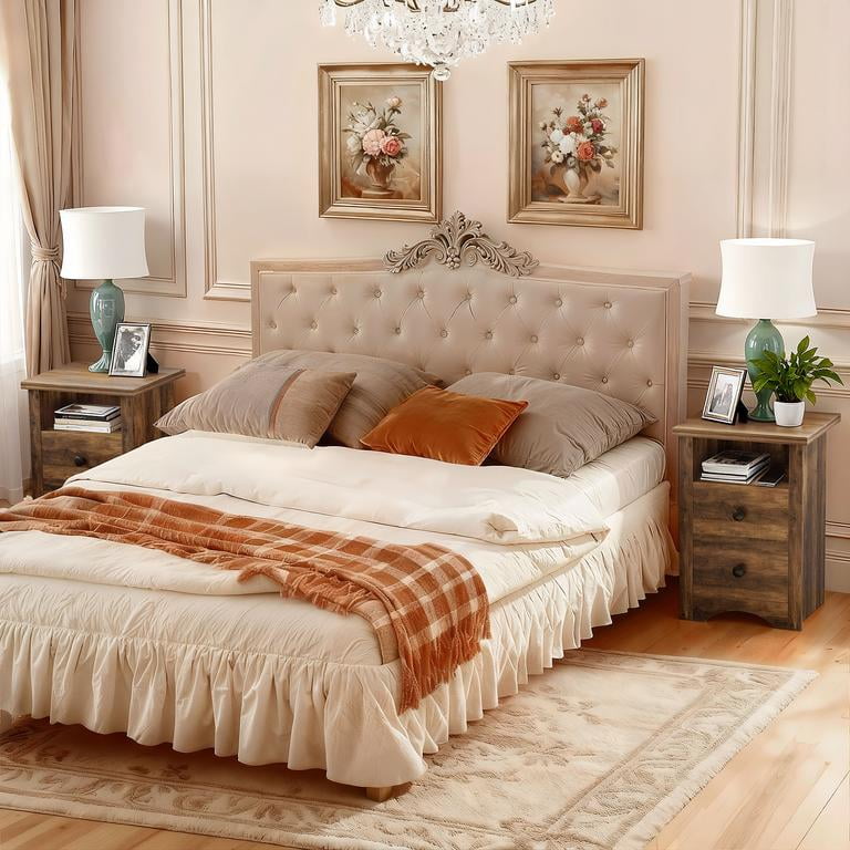 Lacoo End Table Set of 2 with 2 Drawers & Open Shelf, Nightstand for Bedroom Wood Side Table for Living Room, Warm Amber