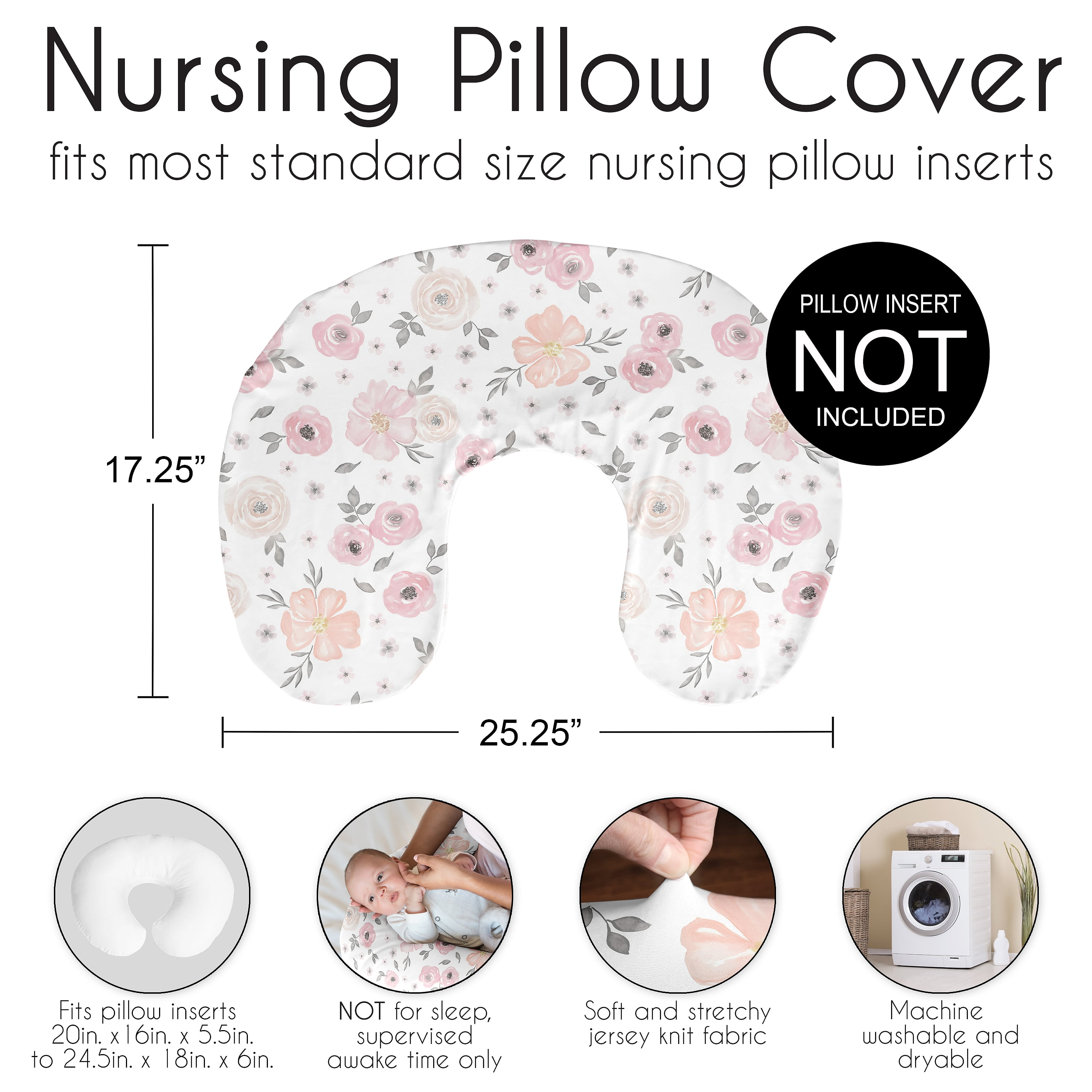 Sweet Jojo Designs Watercolor Floral Pink and Grey Nursing Pillow Cover Case (Pillow Not Included) (Pillow NOT Included)