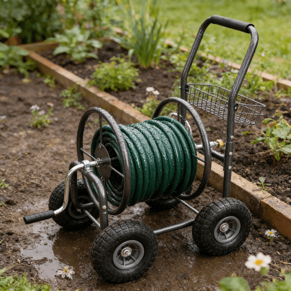 Garden Hose Reel Cart - 4 Wheels Portable Garden Hose Reel Cart with Storage Basket Rust Resistant Heavy Duty Water Hose Holder
