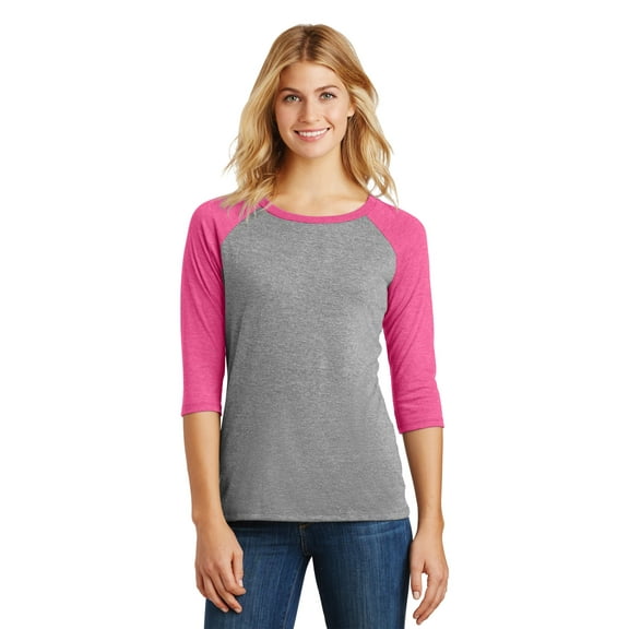 District Made Ladies Perfect Tri 3/4-Sleeve Raglan. Dm136l , DM136L , Fuchsia Frost/ Grey Frost , Large