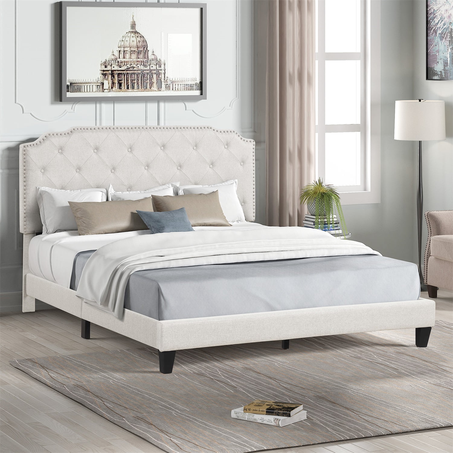 Kadyn Queen Bed Frame with Headboard, Queen Size Fabric Upholstered Platform Bed Frame, Mattress Foundation with Wooden Slats Support, No Box Spring Needed, Beige Kadyn Queen Bed Frame with Headboard, Queen Size Fabric Upholstered Platform Bed Frame, Mattress Foundation with Wooden Slats Support, No Box Spring Needed, Beige