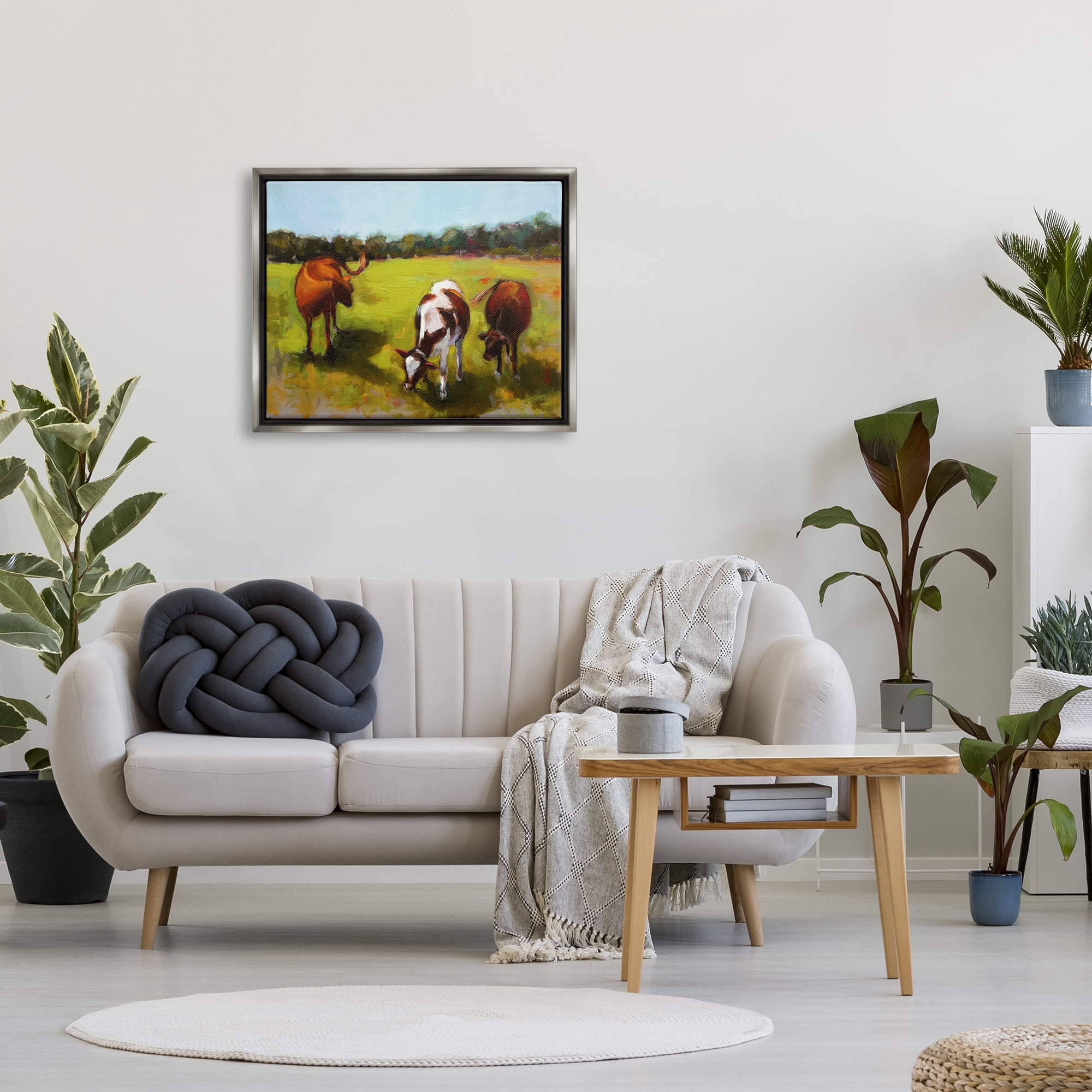 Stupell Industries Cattle in Countryside Painting Animals & Insects Painting Gray Floater Framed Art Print Wall Art, 31 x 25