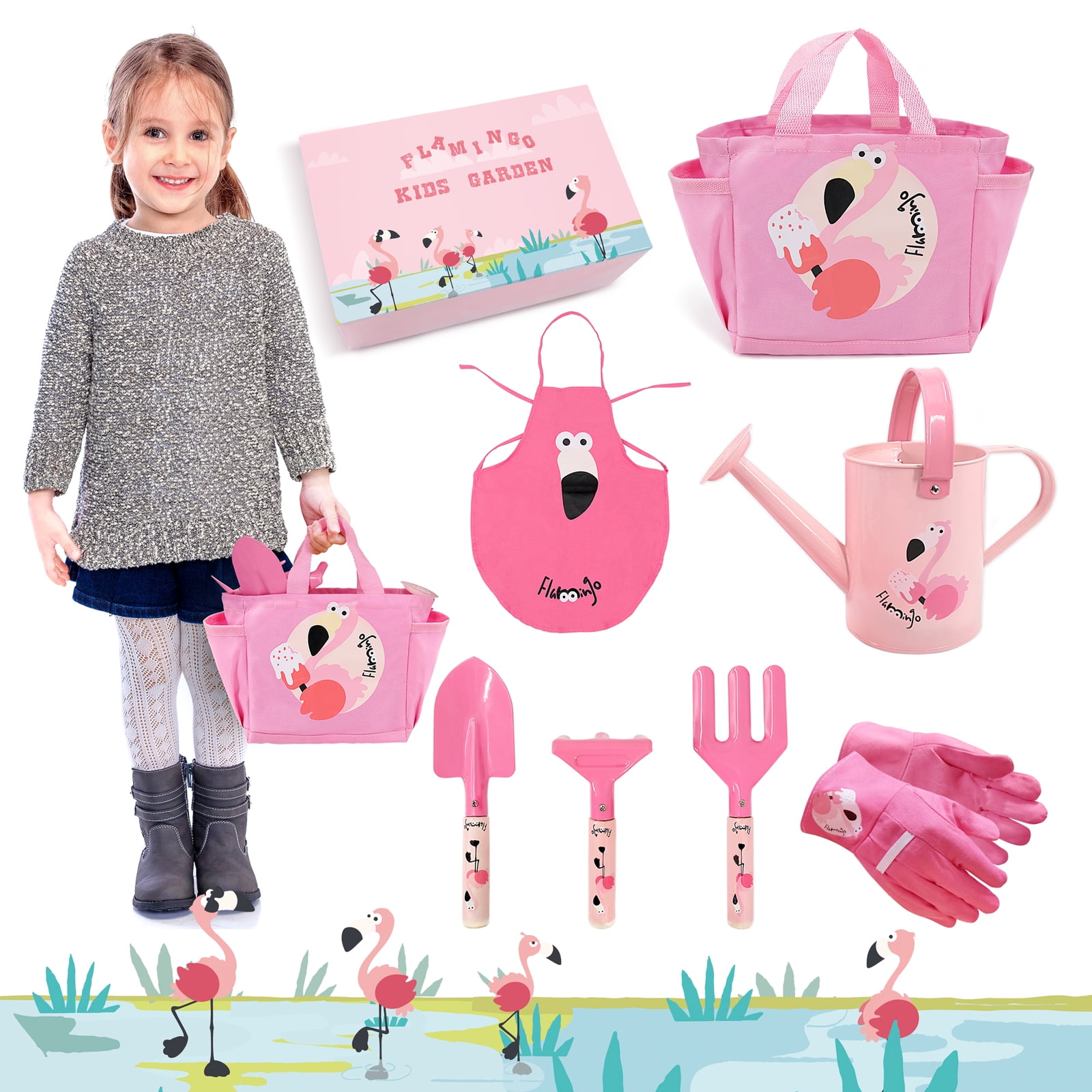Hortem Kids Garden Tools Set, Garden Play Toys Gifts for Age 3+ Girls (Pink)