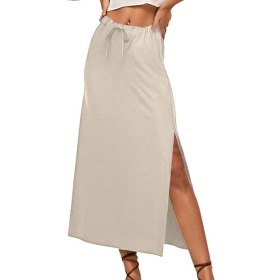 HNMKIU Linen Flared Maxi Skirt for Women with Back Slit and Pockets Drawstring Elastic Waist Ankle Length Long Skirts for Women Beige,L