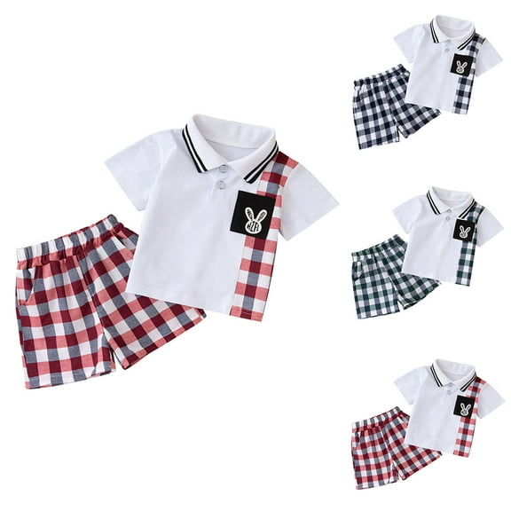 HVOBTTY Toddler Boy's Fauna Plaid Print Breathable Fabric Lapel Short Sleeve Pocket Shirt Matching Short Pant 2 Piece Casual Suits