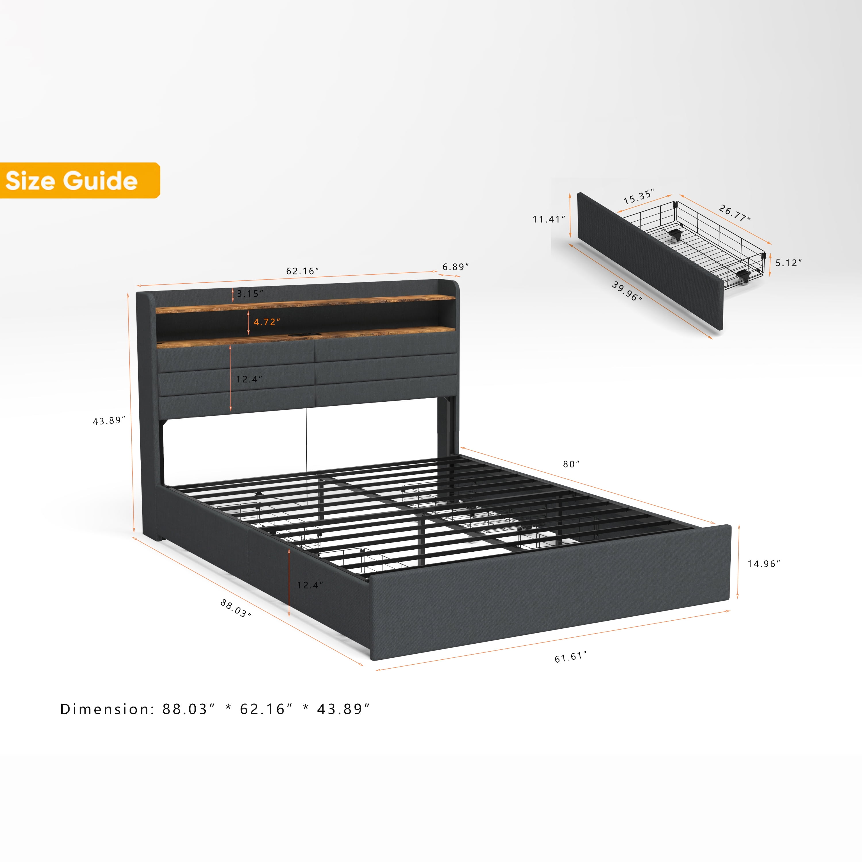 Miniyam Queen Size Bed with LED Headboard, Storage Drawers, USB Charging Ports for Adults