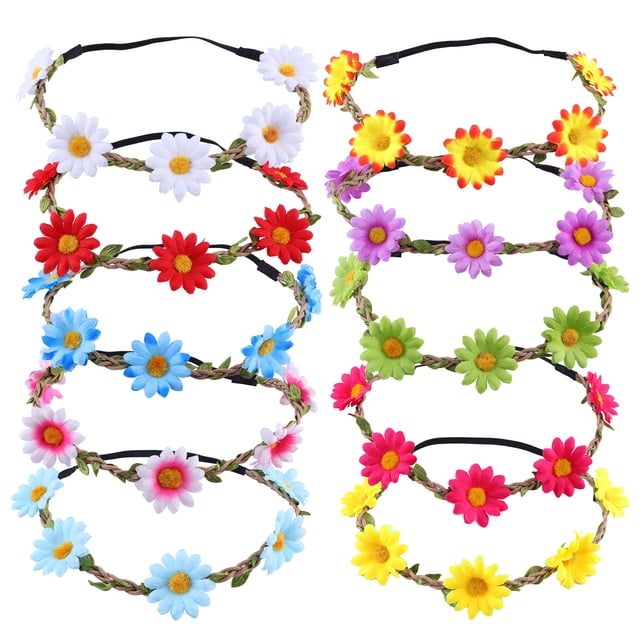 Coronas de flores, diadema floral, paquete de 10 guirnaldas de flores, diadema de corona de flores hawaianas con cinta elástica para mujeres, niñas, fiestas, bodas, viajes