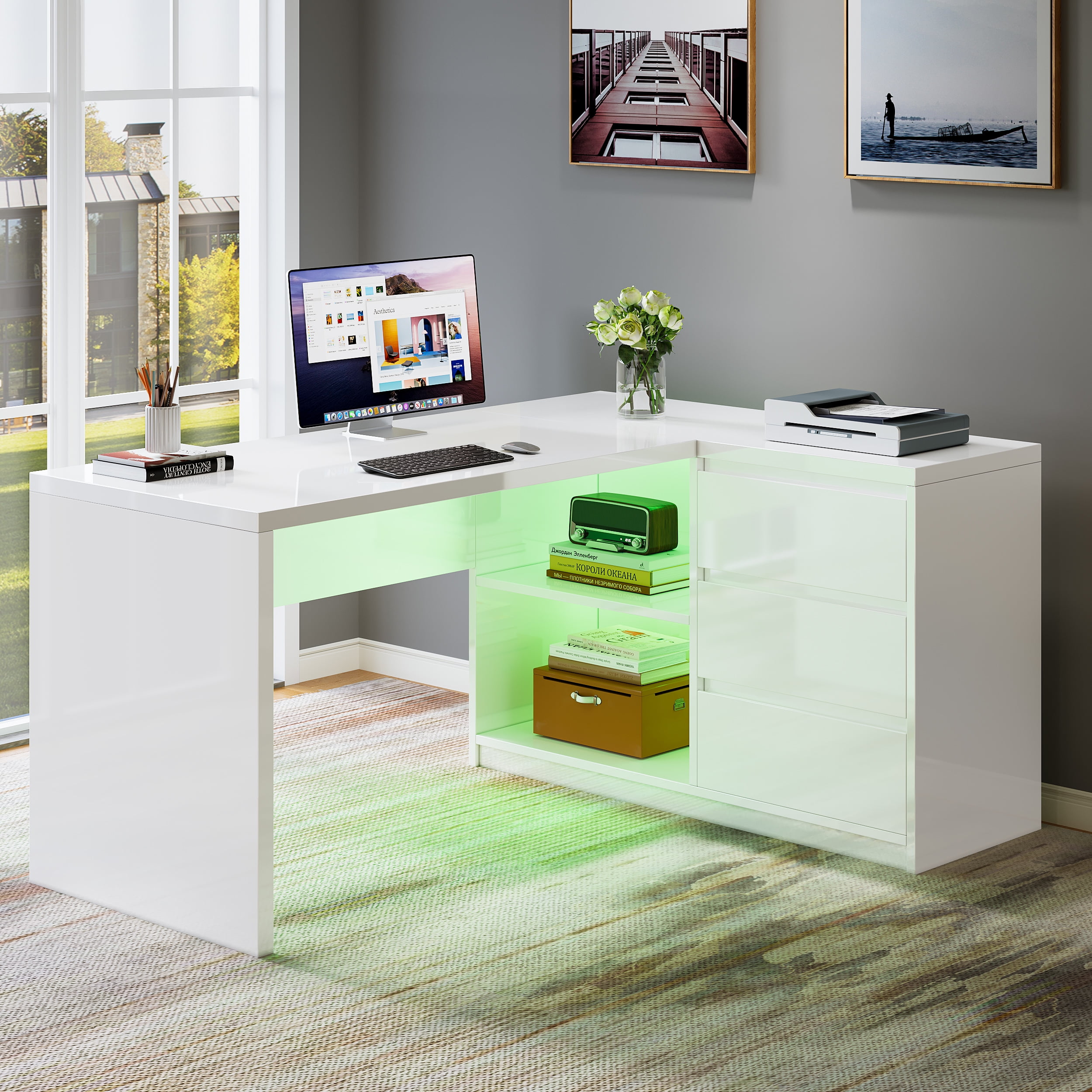 Fnova 55" L-Shaped Large Executive Desk with LED Lights & 3 Drawers, Modern Gloss Home Office Computer Desk 2 Storage Shelves, White