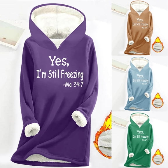 Feancey Sherpa Lined Hoodies for Women Christmas Pajamas Winter Warm Fleece Pullover Sweatshirts Casual Letter Printed Thermal Tunic Tops Purple L