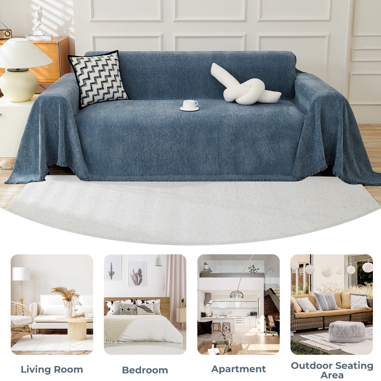 Sanmadrola Sofa Cover Non Slip Couch Cover for 3 Cushion Couch Machine Washable Furniture Protector for Dogs Pet Chenille Throw Slipcover Blanket for Living Room (Blue, 71"x118")