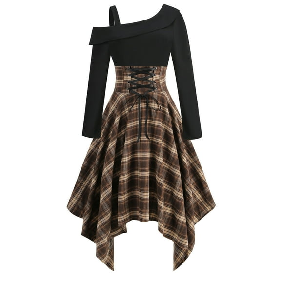 Yuyuzo Womens Festival Dress Plaid Pleated Ruffle Hem One-Shoulder Long Sleeve Gothic Midi Dresses for Women