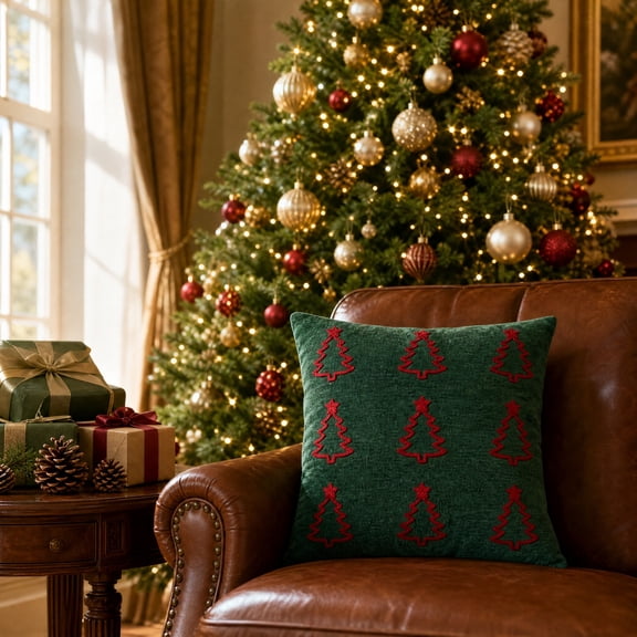 Christmas Tree Embroidered Velvet Throw Pillow Cover, 17.7x17.7 Inch Square, for Sofa Couch Bed