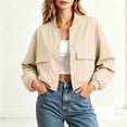 thumbnail image 2 of Jacket Women Short Cropped Jacket Button Down Long Sleeve Casual Varsity Jackets with Pockets Khaki L(L), 2 of 9