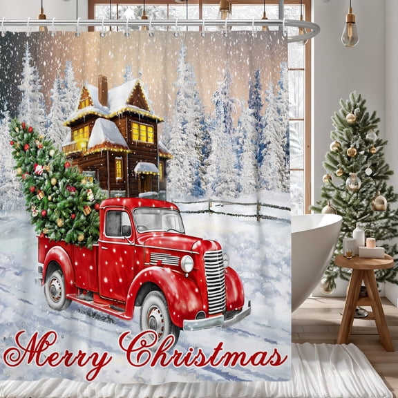 Merry Christmas Shower Curtain for Bathroom Winter Snowy Vintage Red Truck Xmas Tree Bath Curtain with Hooks 72"W x 72"L