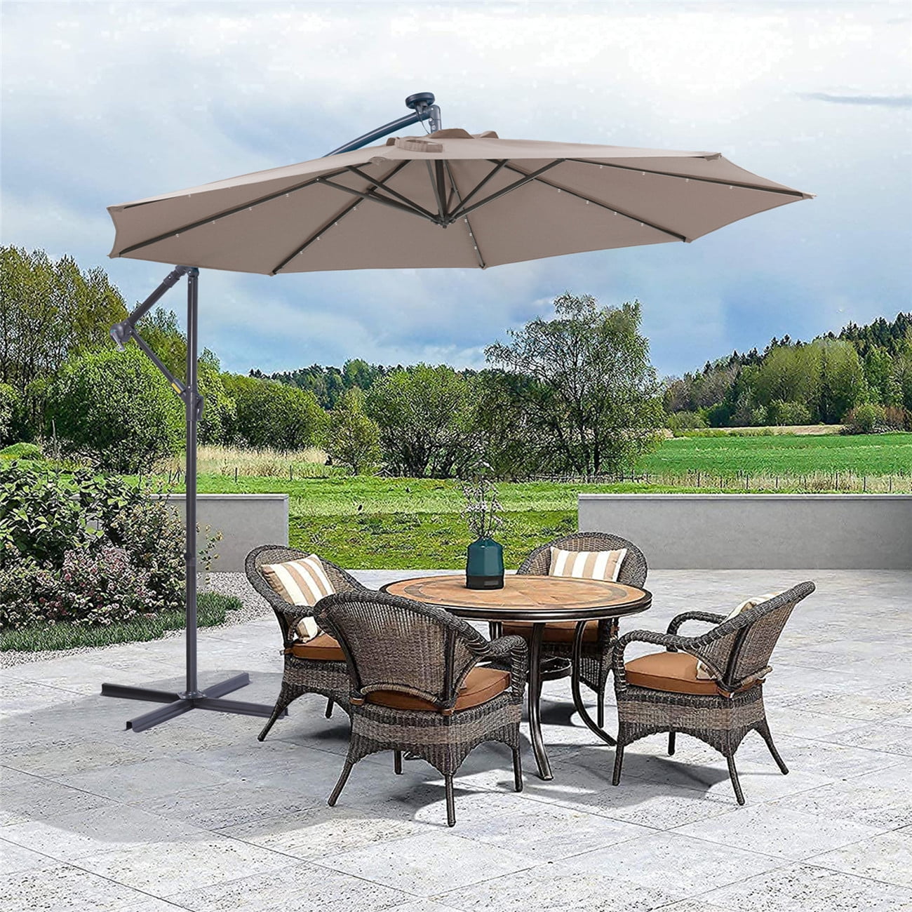 10ft Solar LED Cantilever Patio Umbrella, 360-Degree Rotation Hanging ...