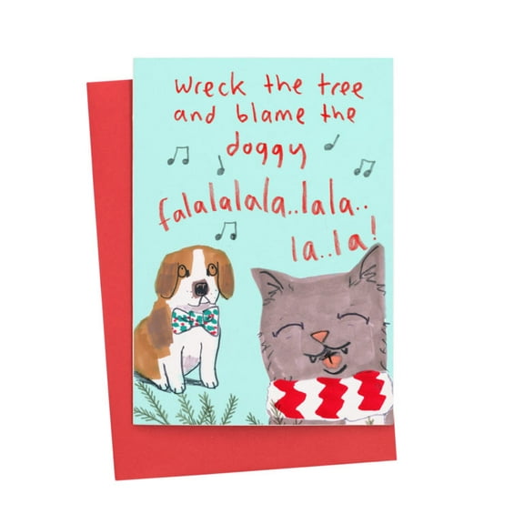 Funny Christmas Card - "Wreck the Tree and Blame the Doggy" - Featuring Adorable Pets - Blank Inside, Includes Red Envelope - Perfect Holiday Greeting for Pet Lovers