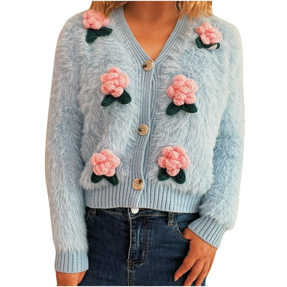 Women's Fuzzy V Neck Cardigan Long Sleeve Floral Button Down Front Sweater Blue M