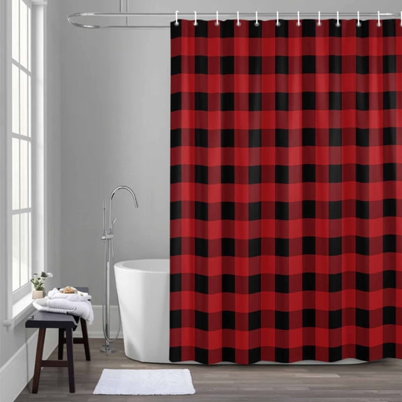 Black Red Shower Curtain for Bathroom Decor, Buffalo Plaid Checked Waterproof Fabric Shower Curtain, 66"x72" Set with 12 Hooks