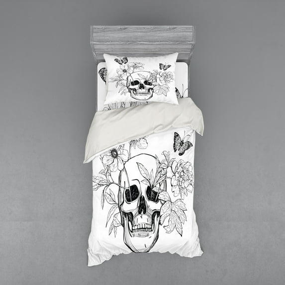 Ambesonne Floral Bedding Set 3 Pcs, Skulls Butterflies, Twin, Black and White