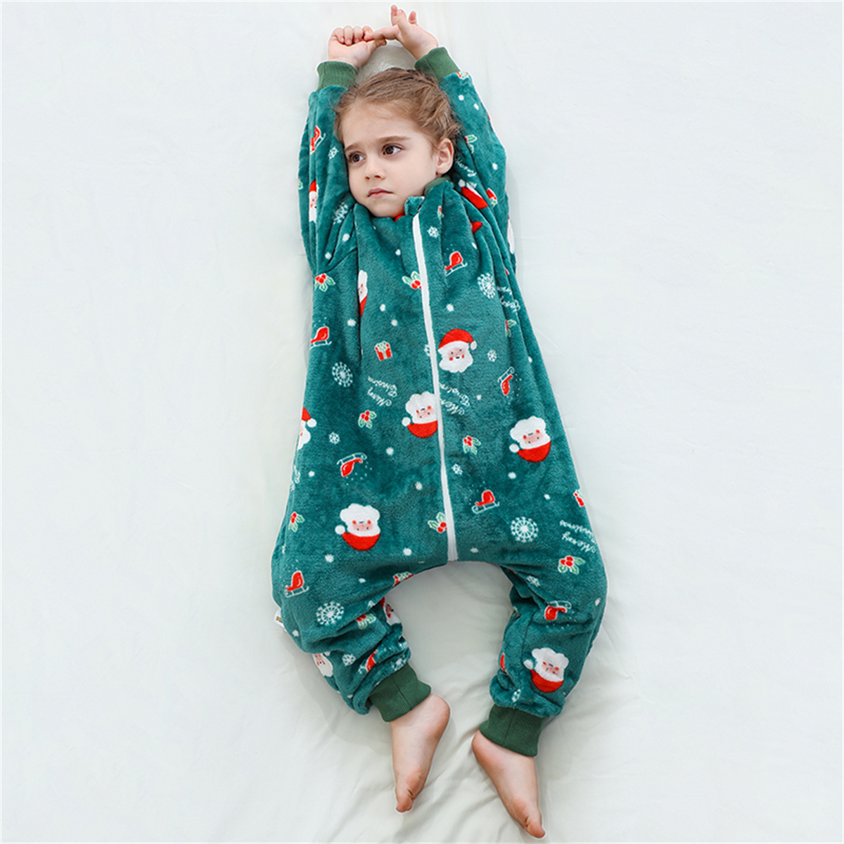 ATAIKU Toddler Sleeping Sack 9M-6T Christmas Flannel 2-Way Zipper Baby Sleep Sack with Feet, Infant Santa Claus Wearable Blanket