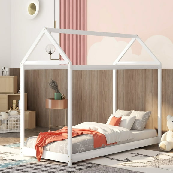 Bellemave Wood Twin Size House Bed Frame, Montessori Floor Bed, No Box Spring Needed (White)