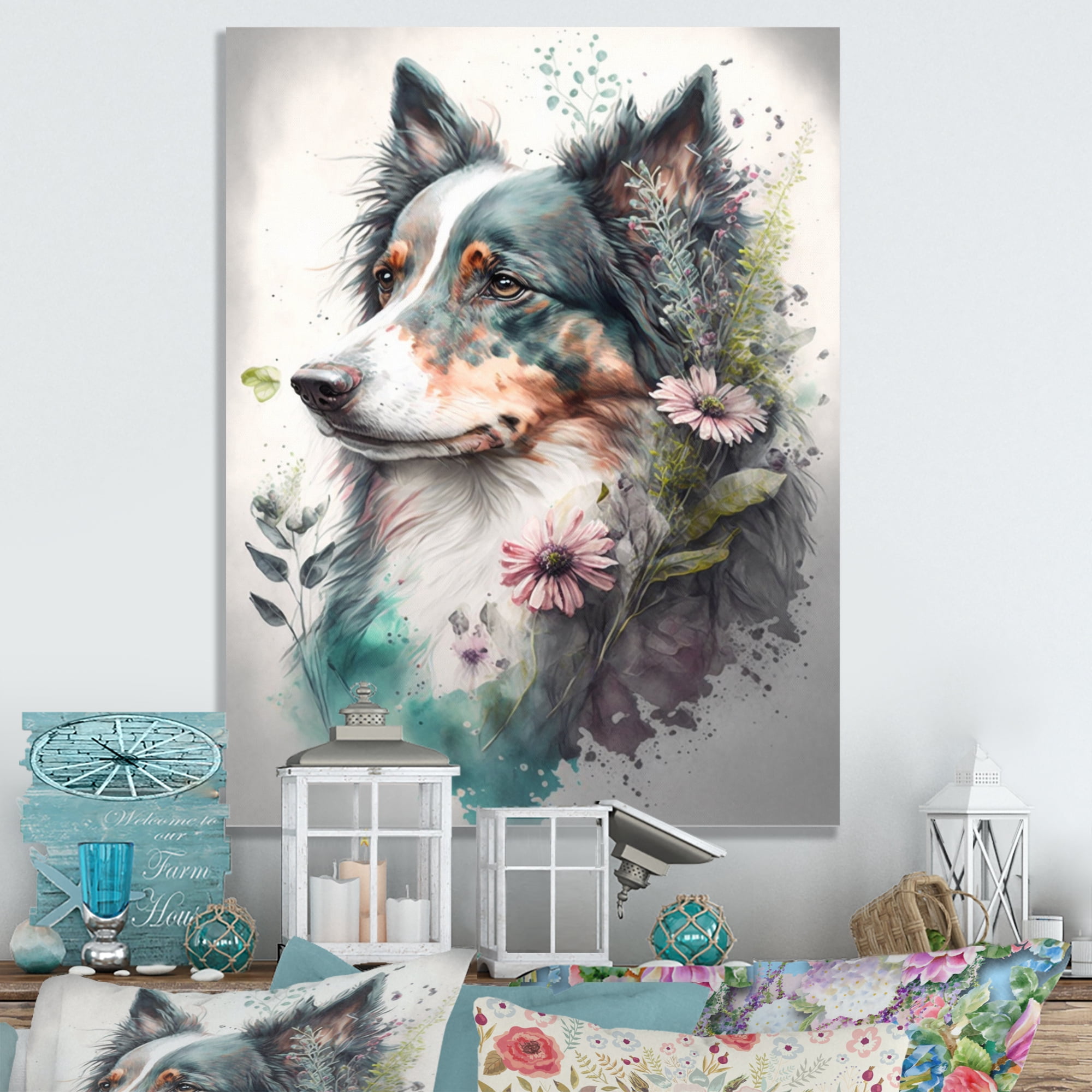 Designart Cute Australian Shepard Floral Art Canvas Wall Art