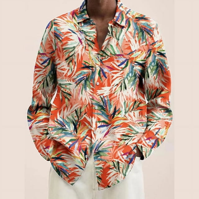 Camisa de manga larga para hombre con estampado 3D de hojas y plantas, camisa informal de moda con solapa y botones, camisa de gran tamaño para primavera y otoño