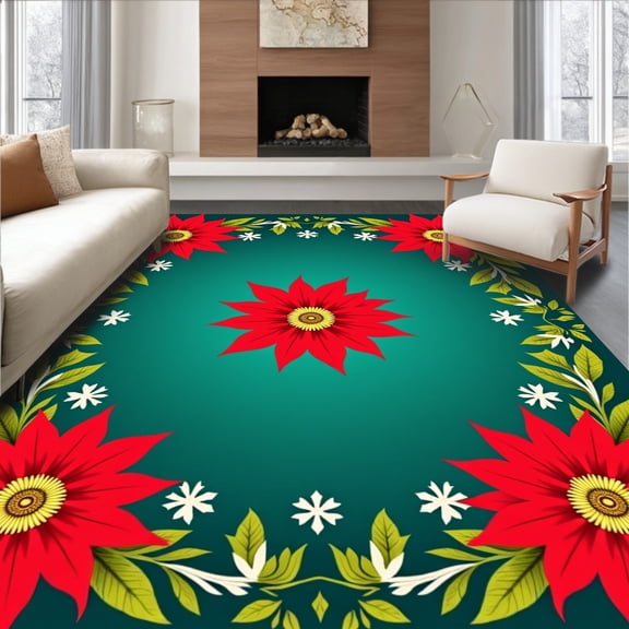 ODIKA 4'x6' Machine Washable Non-Slip Area Rug, Elegant Poinsettia Blossom Arch Entryway Seasonal Greeting High Traffic Rug, Red, 617809