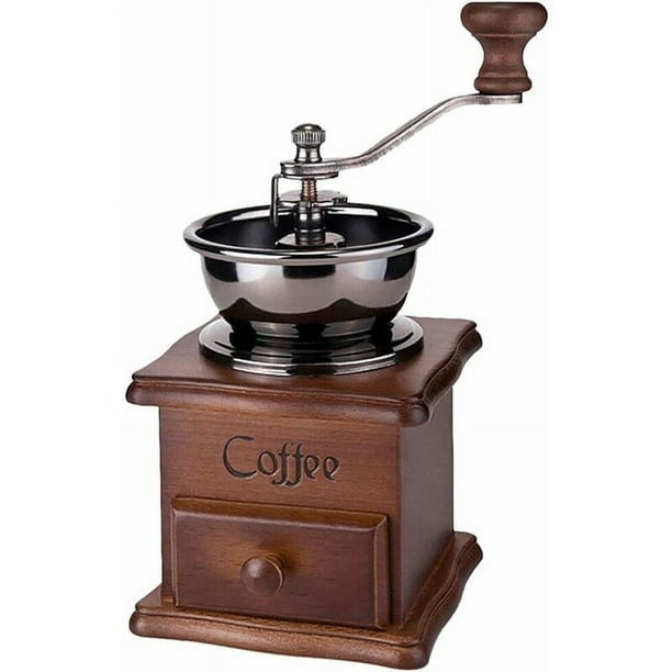 Molinillo de café manual retro de madera marrón con manivela portátil, diseño antiguo, para café expreso, granos de café, acero inoxidable.