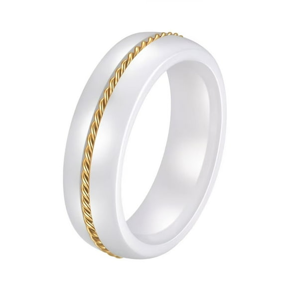 PAURO Women's Round Ceramic Dome Ring Centre Groove Inlay Stainless Steel Chain Wedding Band White Size 7