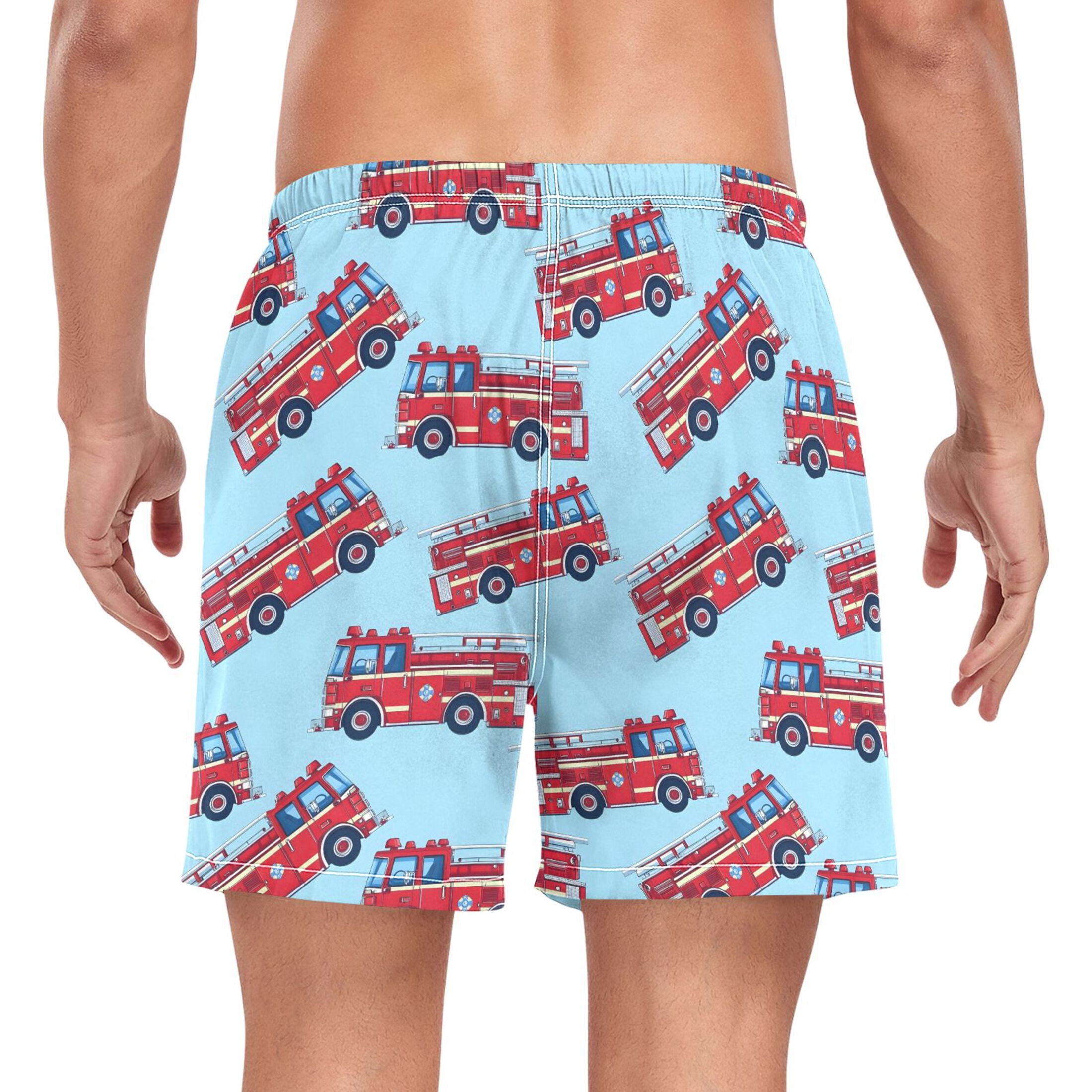 joogoo Men's Cartoon Fire Trucks Swim Trunks with Liner Pocket Beach Shorts XXL