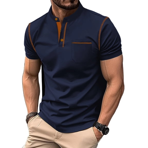 Yungyresw Mens Polo Shirt Short Sleeve Henley Collar Shirt Contrast Color Trim Pocket Polos for Summer Tops