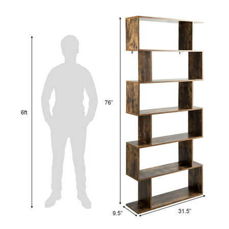 Gymax 6 Tier S Shape Bookcase Z Shelf, 6 Shelf Bookcase Timber