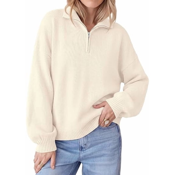 PRETTYGARDEN Women's Quarter Zip Pullover Oversized Sweaters Collared Neck, Long Balloon Sleeve, Jumper Tops, Soft Cozy Knit, Ribbed Hem, Loose Fit, Fall Outfits, Winter Fashion Clothing