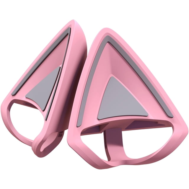 razer kitty ears v2 con clip para auriculares, color rosa — par de orejas de gatito rosa cuarzo en vista 3/4; forma triangular hueca con paneles interiores gris oscuro, clips inferiores y correas retráctiles de silicona ligera (105 mm), diseñadas para sujetarse a la diadema de auriculares gaming Razer y compatibles; también suelen usarse para personalizar audífonos portátiles en transmisiones o cosplay.